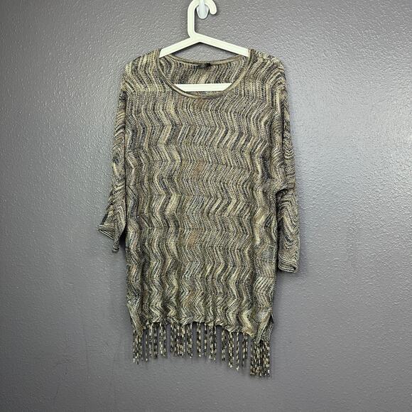 Chicos Travelers Open Knit Sweater 3 XL Fringe Metallic Boho Brown Gray - Picture 1 of 7